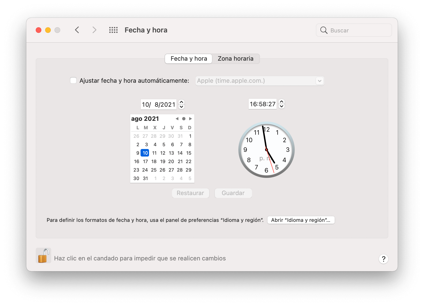 Cambiar manualmente la fecha y la hora en Mac