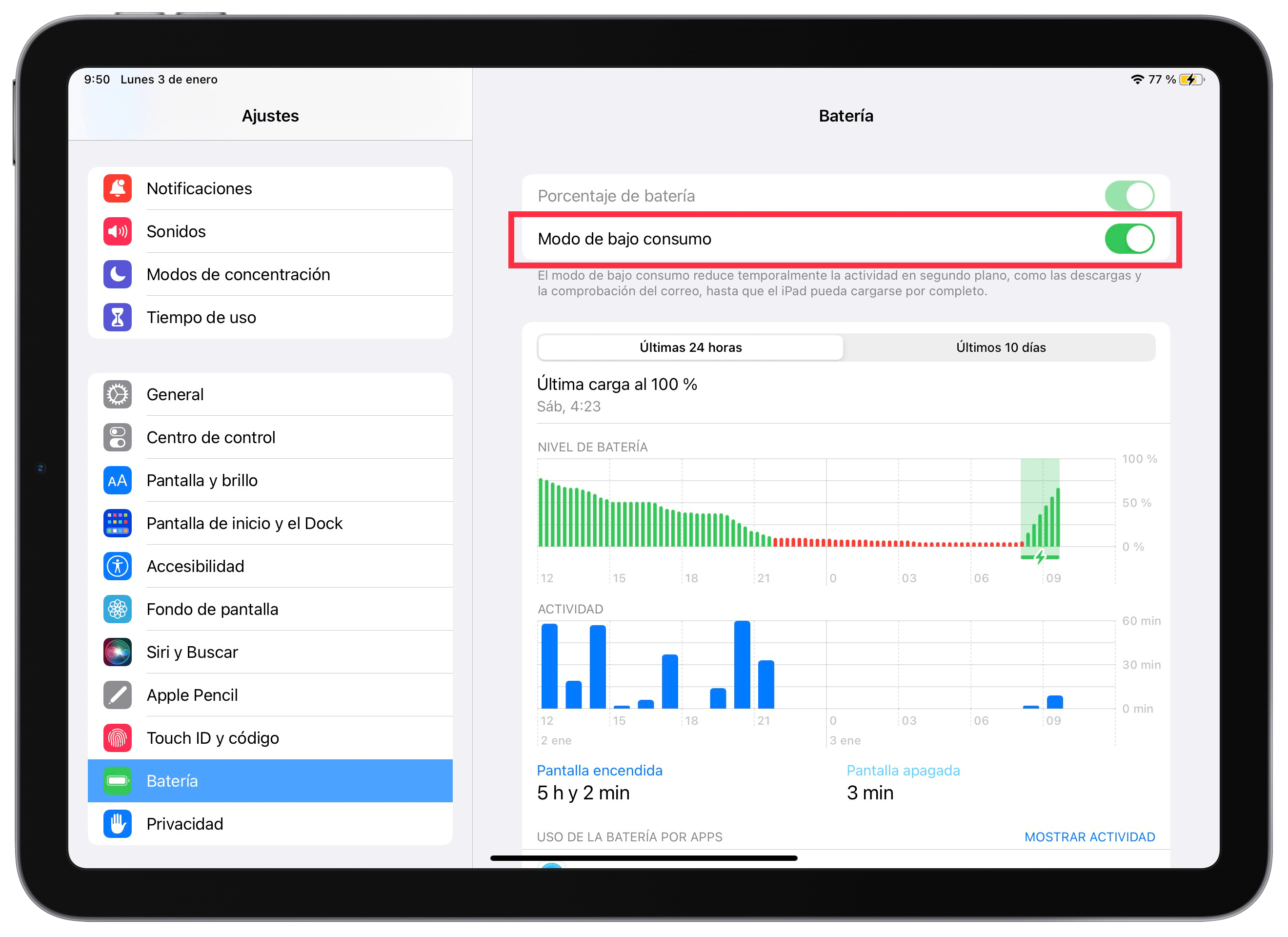 Activar modo de bajo consumo en el iPad