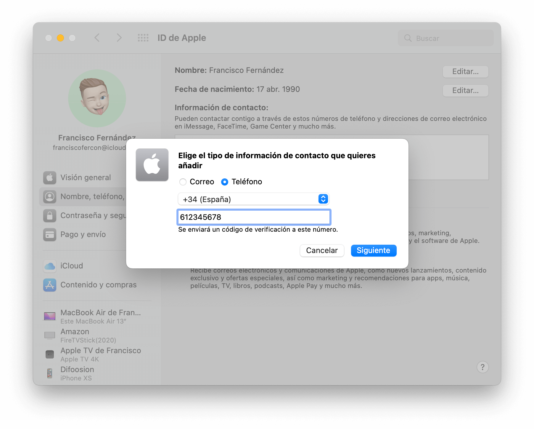 Cambiar número de teléfono del ID de Apple desde Mac