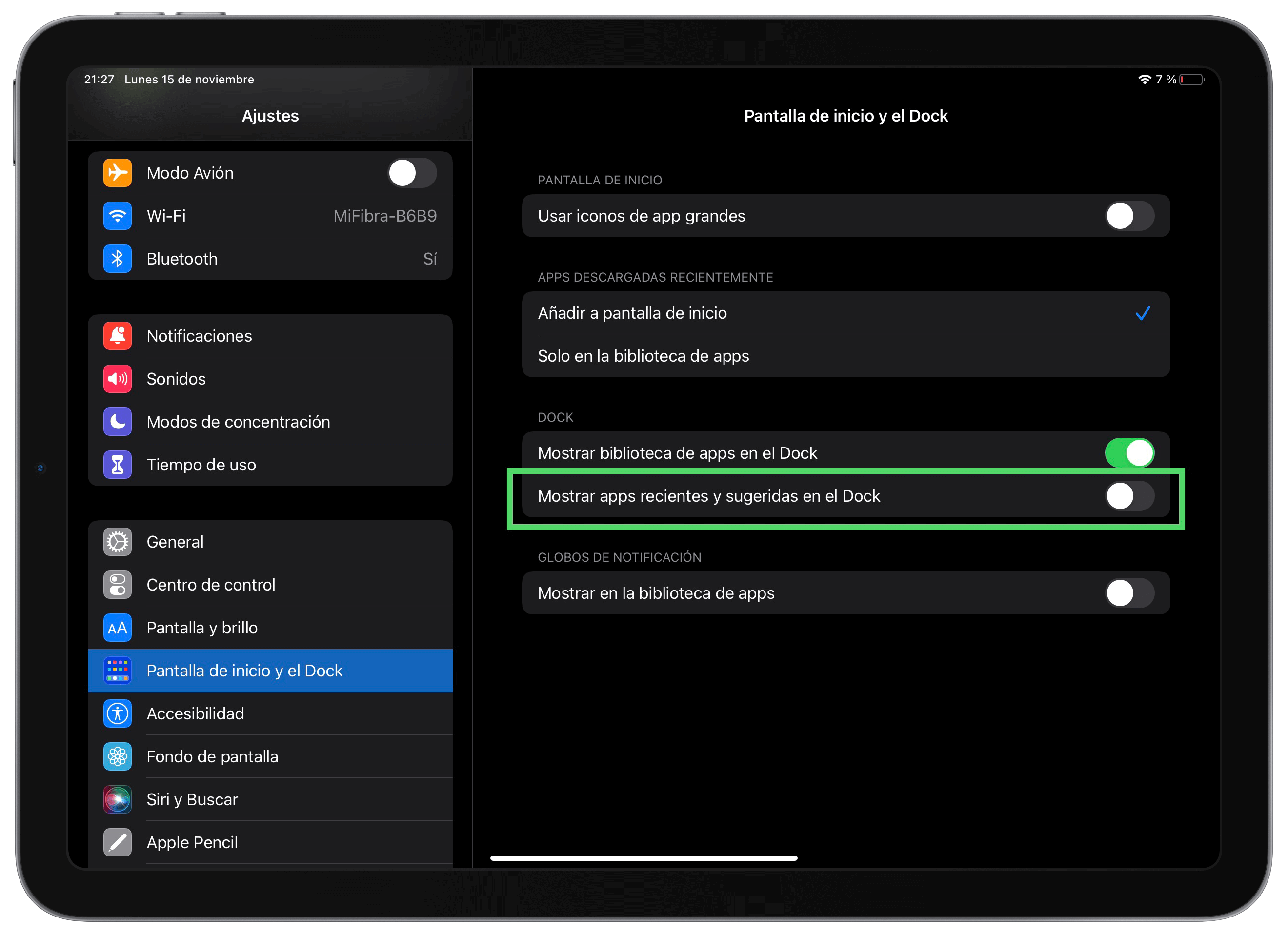 Desactivar sugerencias en el dock del iPad