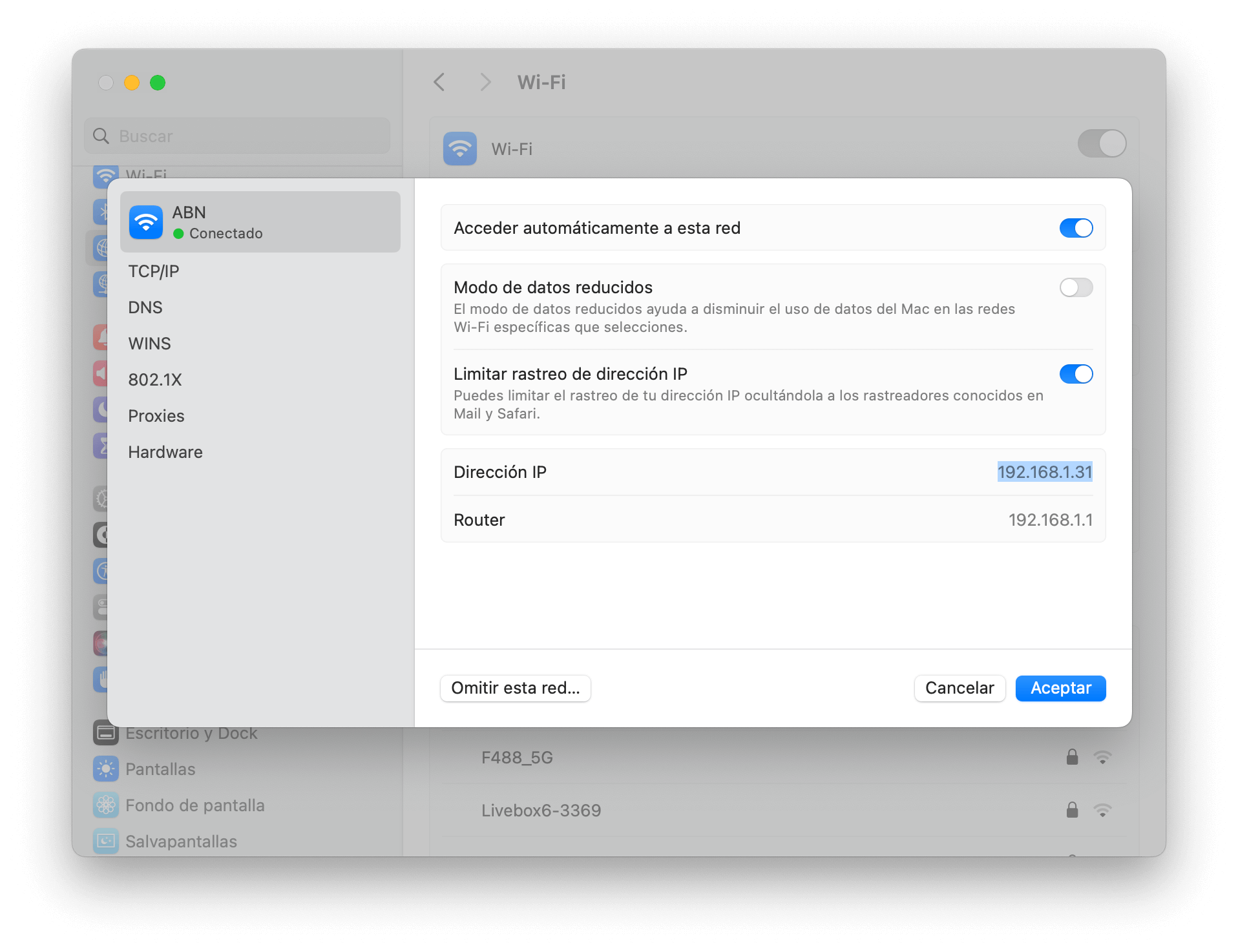 Dirección IP en los ajustes del Mac