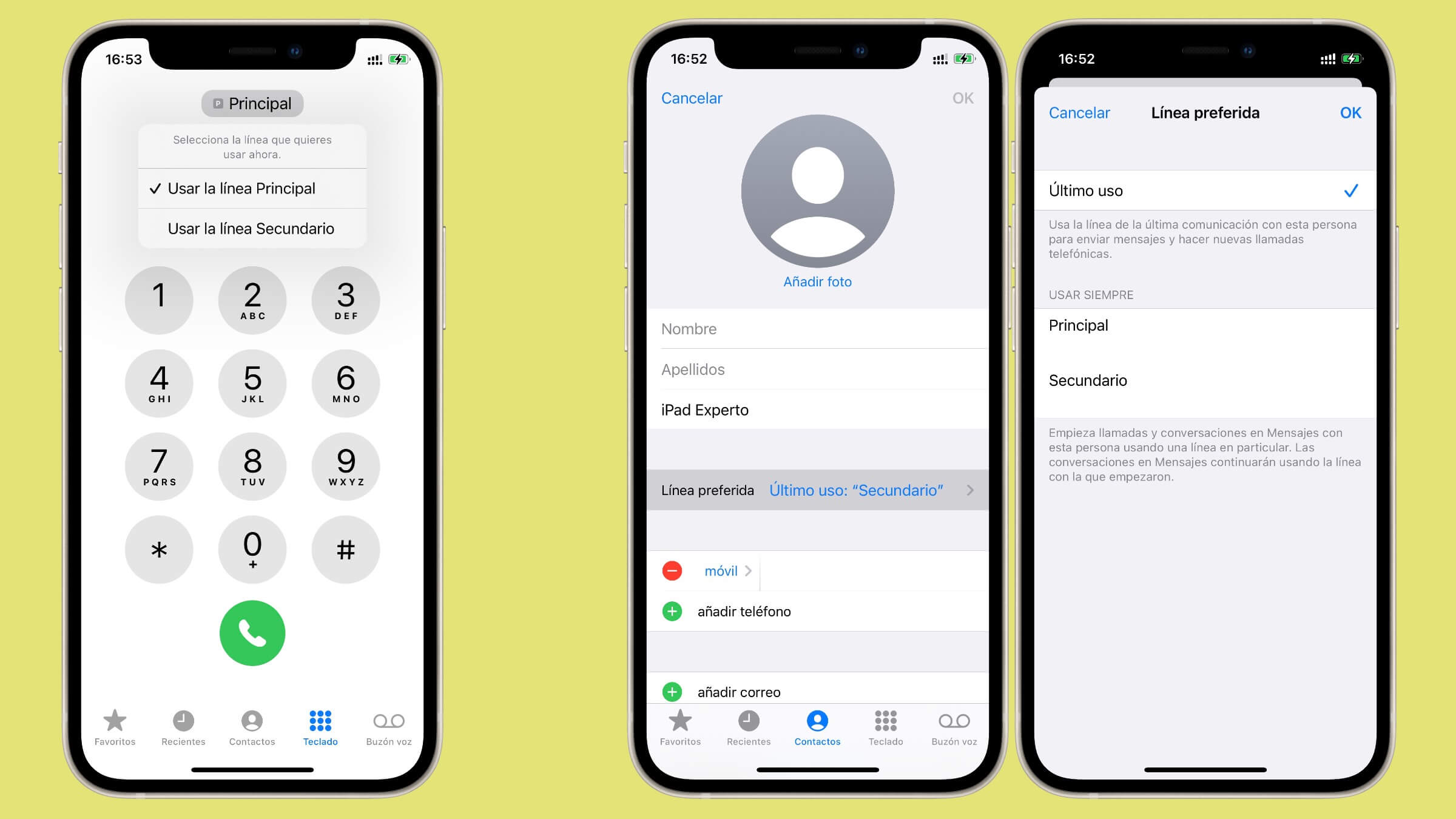 Elegir línea móvil para llamadas y mensajes en el iPhone con doble SIM