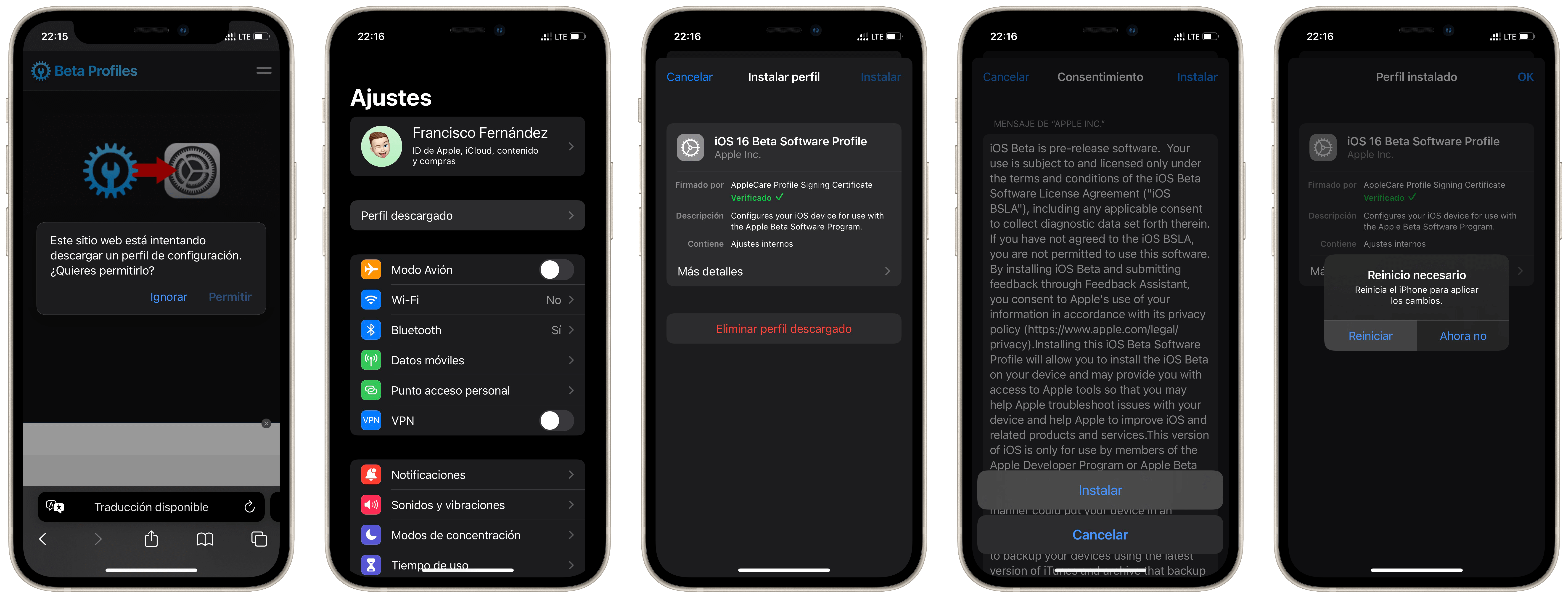 Instalar perfil de la beta de iOS 16 para desarrolladores